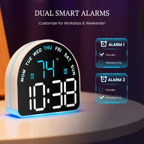 Vista 4 de Reloj despertador para dormir pesado: alarma súper fuerte y luz de despertador suave para adultos, niños, adolescentes Pantalla digital con tiempo