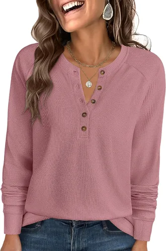 Vista 13 de ANRABESS Camisas de manga larga Henley de punto gofre para mujer Negro