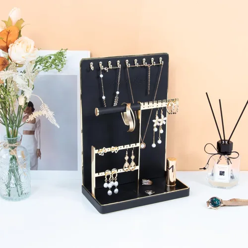 Vista 6 de KAMIER Organizador de joyas, soporte para collares, estante colgante de 4 niveles con bandeja para aretes y agujeros. Torre de joyas para aretes