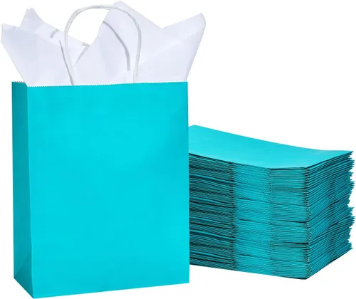 Vista 10 de DjinnGlory Paquete de 24 bolsas de regalo de papel azul turquesa de tamaño mediano con asas de 10 x 8 x 4 pulgadas y 24 papel de seda para Verde