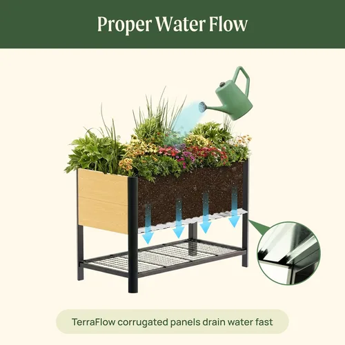 Vista 3 de Cama de jardín elevada con ruedas, macetas elevadas de grano de madera de metal de 2 x 4 pies con patas y estante de almacenamiento para patio