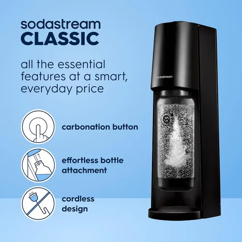 Vista 2 de Sodastream Classic Kit de máquina de refrescos y agua con gas (negro) con recipiente de CO2 de 60 L y botella de carbonatación