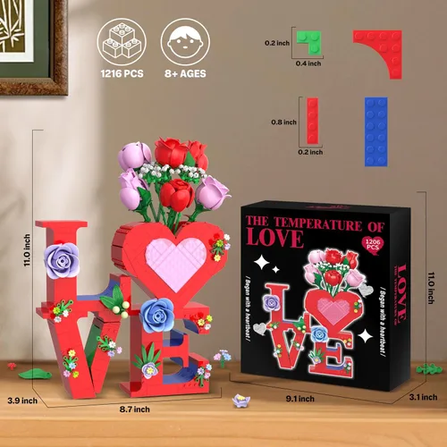 Vista 6 de QIFUN Juego de construcción de florero de corazón romántico de amor, 1216 piezas de ramo de flores de rosas para adultos, regalos creativos