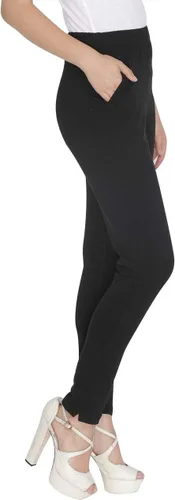 Vista 2 de ladyline Pantalones elásticos de algodón suave liso para mujer, cintura alta, cierre elástico, un bolsillo, cómodos pantalones de vestir