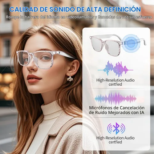 Vista 6 de Lentes inteligentes AI, traducción Bluetooth 5.4, más de 160 idiomas, audio de oído abierto para viajes y negocios (blanco)