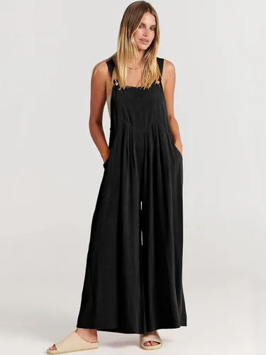 Vista 2 de ANRABESS Overol para mujer, de pierna ancha, casual, de verano, de lino, sin mangas, con tirantes, ropa 2024