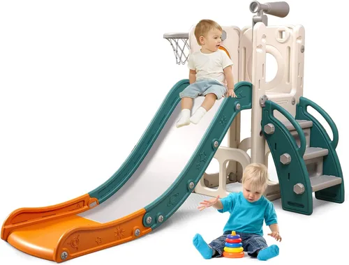 Vista 9 de 6 in 1 Toddler Playset with Slide,Toddler Slide,Slide for Kids with Basketball Hoop,Ball,Ring Toss,Kids Slide Toddler Playground Toddler Slide