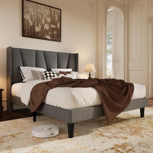 Vista 7 de HOOMIC Base de cama tapizada de tamaño matrimonial con cabecera geométrica moderna con respaldo de ala, listones de madera, no necesita somier, base