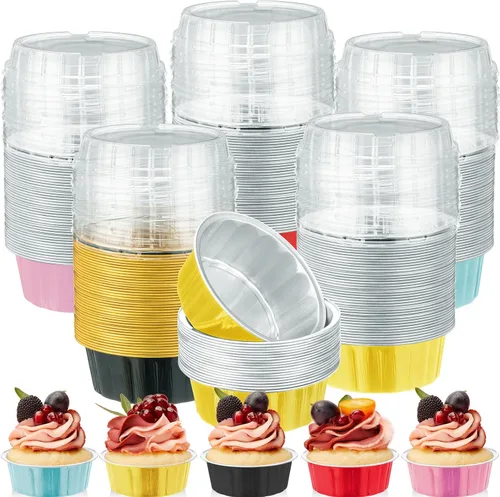 Vista 12 de Tessco for you 200 moldes desechables con tapas, 8 onzas, Ramekin Creme Brulee Ramekin, papel de aluminio, para cupcakes, para hornear, San plateado