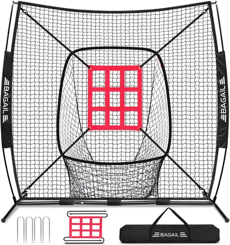 Vista 11 de BAGAIL 7x7 ft Baseball Softball Practice Net Sturdy Bow Frame, Heavy-Duty Mesh for Strong Hits, Including 2 Strike Zones, Carry Bag, Ground