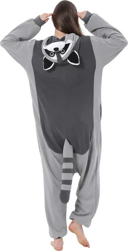 Vista 6 de Disfraz de mapache para adultos, unisex, Navidad, con cremallera, pijamas de animales para cosplay, ropa de casa de una pieza para mujeres y hombres