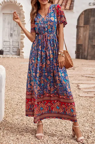 Vista 2 de PRETTYGARDEN - Vestido casual de playa y de verano para mujer, de estilo bohemio, manga corta, cuello en V y con estampado floral, vestidos largos