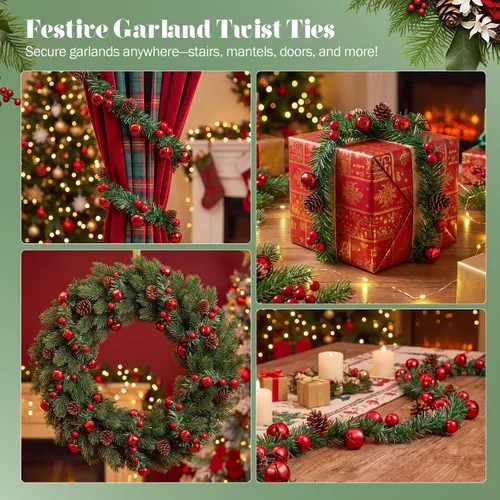 Vista 7 de 30 Pcs Christmas Garland Ties with Bells 20" Twist Ties, Red