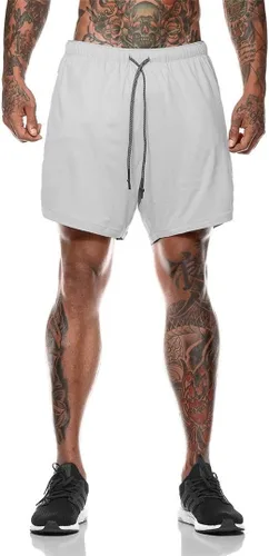 Vista 2 de Akk Pantalones cortos 2 en 1 para hombre, para correr, entrenamiento, yoga, gimnasio, deportes, con bolsillos para teléfono con cremallera