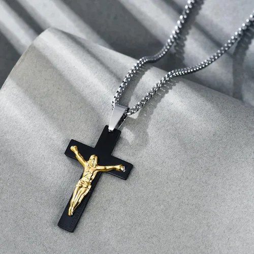 Vista 5 de Collar de cruz para hombre, colgante de crucifijo de acero inoxidable, cruz negra, crucifijo religioso, regalo para novio y marido, Acero