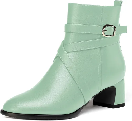 Vista 14 de WAYDERNS Botas altas de tobillo con hebilla casual para mujer, con correa de tobillo sólida mate, tacón bajo y grueso, 2 pulgadas