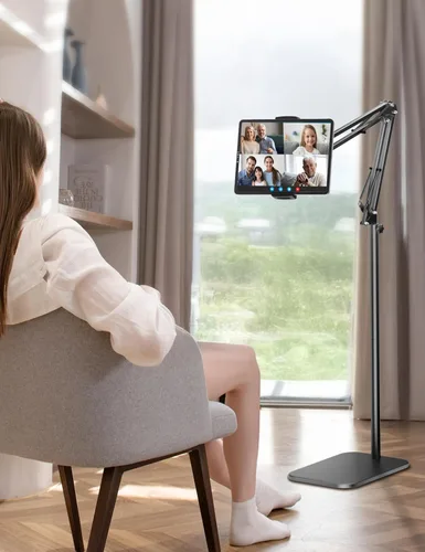 Vista 4 de Soporte de piso para tableta con base de metal pesado de 4.5 libras, soporte de teléfono elevado sobre la cama con ángulo y altura ajustables