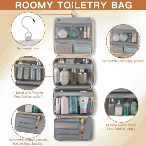 Vista 3 de Elviros Neceser colgante para hombres y mujeres, 3 en 1, organizador de viaje grande impermeable de piel sintética, bolsa de maquillaje dopp kit