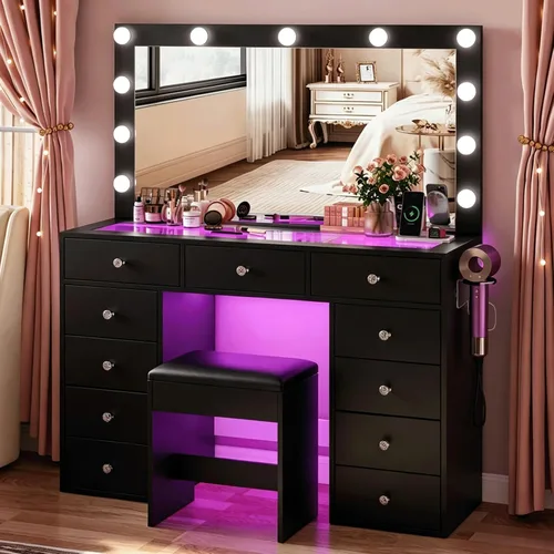 Vista 2 de CollaredEagle 45" Large Black Vanity Desk with Vibrant RGB Lighting.