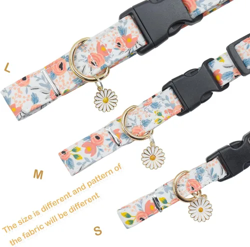 Vista 4 de Lindo collar de algodón para perro, patrones de flores, collares suaves y ajustables para cachorros, para hembras, perros pequeños, medianos