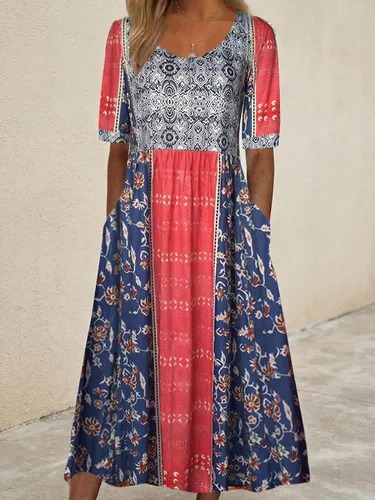 Vista 6 de Vestido largo con estampado floral para mujer, manga corta, con bolsillos, para uso casual de verano