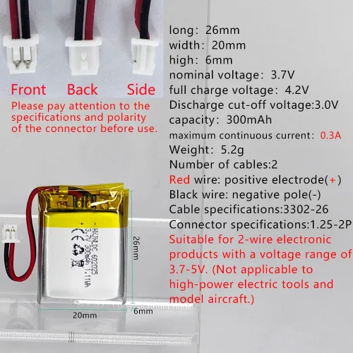 Vista 2 de DC 3.7V 300mAh 602025 Batería recargable de polímero de litio, adecuada para productos electrónicos de bricolaje 3.7-5V con reemplazo de batería