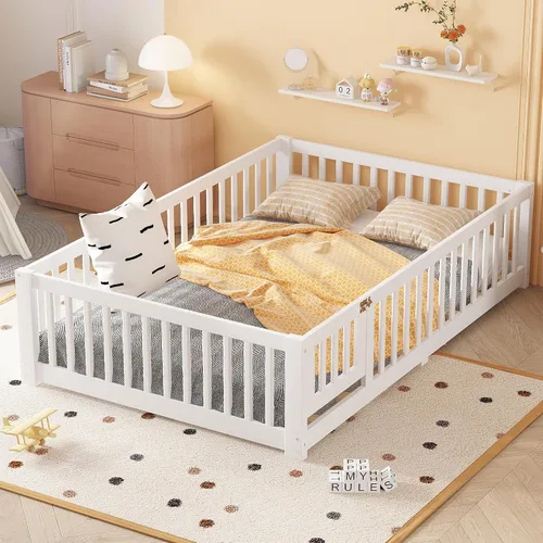 Vista 10 de Harper & Bright Designs - Cama de suelo para niños de tamaño individual con valla y puerta, marco de cama Montessori de madera maciza, cama