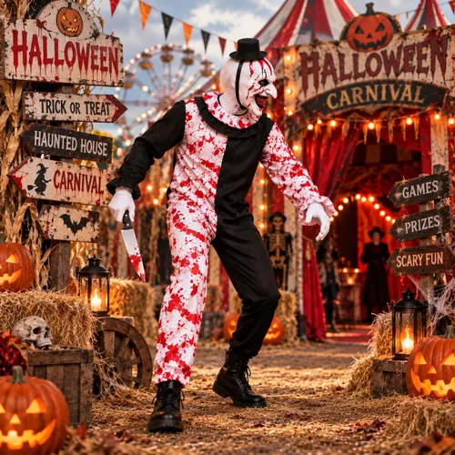 Vista 7 de 5Pcs Art Clown Costume Adults Terrifying Mask Halloween Outfit Red
