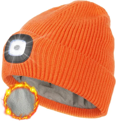 Vista 8 de MELASA Gorro de invierno con forro polar LED, recargable por USB, gorro cálido con luz integrada, regalos para hombres, papá, esposo, él