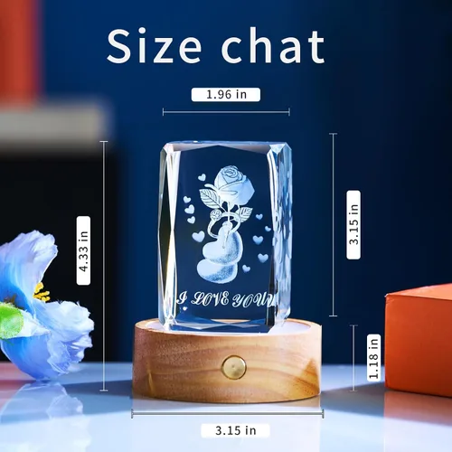 Vista 2 de Regalos románticos para él y ella, regalo del día de la madre para esposa, luz nocturna de cristal de amor 3D con base LED multicolor, regalo