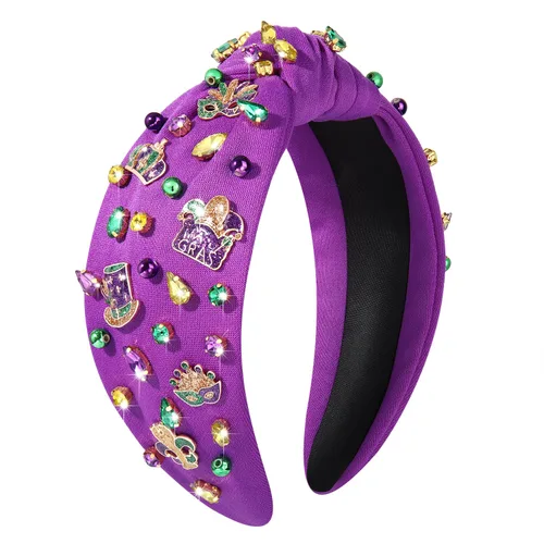 Vista 12 de MOLOCH Diadema de Mardi Gras para mujer, con cuentas moradas, amarillas, verdes, estrellas, diadema anudada, carnaval, joyería de cristal, nudo