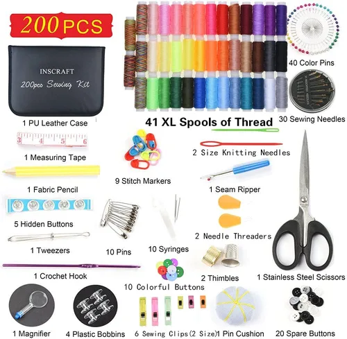 Vista 2 de Kit de costura INSCRAFT, 200 suministros de costura premium, 41 carretes de hilo XL, adecuado para viajeros, adultos, principiantes, emergencias