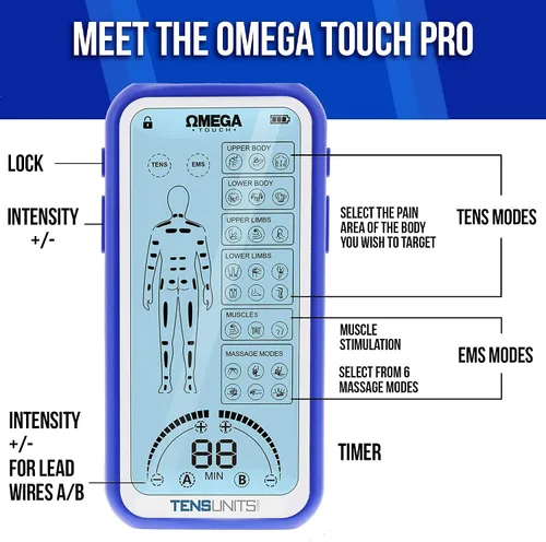 Vista 3 de Unidad Táctil Omega TENS - Unidad de estimulador muscular con pantalla táctil, 24 modos para aliviar el dolor y los músculos, masajeador de pulso