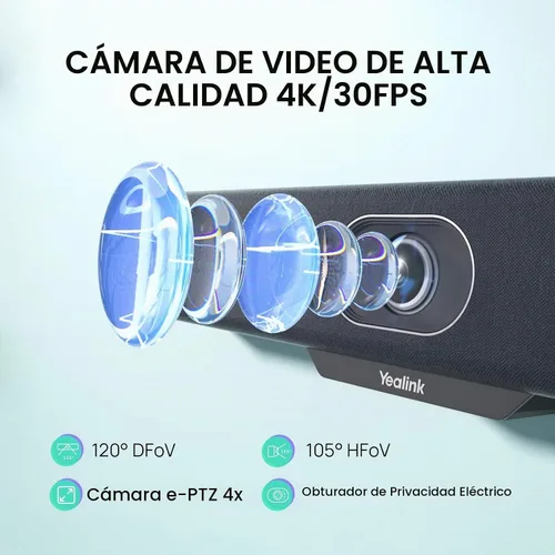 Vista 2 de Yealink MeetingBar A10 Cámara web para sala de conferencias 4K con lente gran angular de 120° con sistema operativo Android, sistema