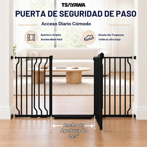 Vista 4 de Puerta para bebé extra ancha con puerta, 52.76 ~ 62.2 pulgadas de ancho, montada a presión, sin taladro, puerta de metal con cierre automático