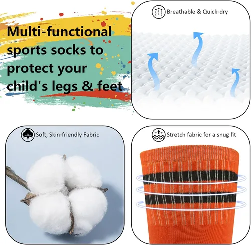 Vista 5 de Calcetines de fútbol para niños, calcetines largos hasta la rodilla, calcetines de béisbol de sóftbol acolchados