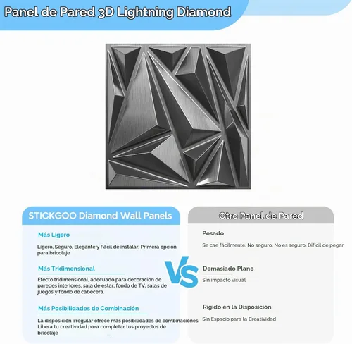 Vista 5 de STICKGOO Paneles de pared 3D, paquete de 33 paneles de pared con diseño de rayo y diamante para decoración de pared interior, paneles de pared