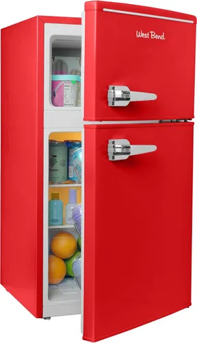 Vista 9 de West Bend - Mini refrigerador con congelador para dormitorio, oficina, bar o dormitorio, refrigerador compacto retro con estantes de vidrio Negro