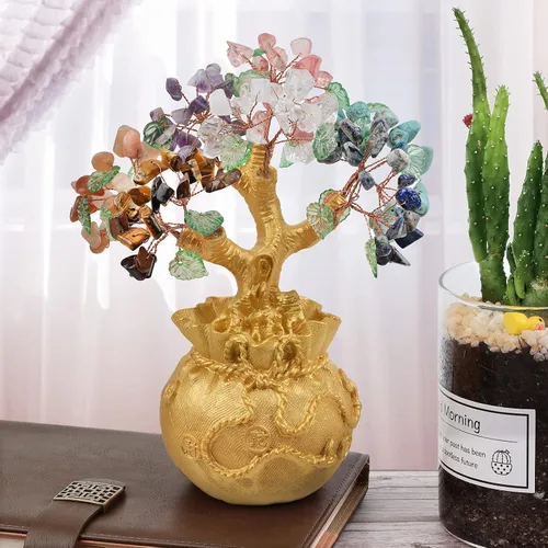 Vista 4 de mookaitedecor Árbol de dinero de cristal de 7 chakras con base de bolsa de dinero dorada, adorno de bonsái de árbol de Feng Shui para decoración