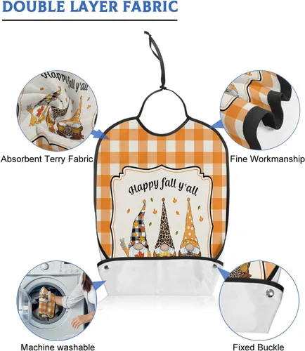 Vista 5 de QueenKer Funny Adult Bibs for Eating, Happy Fall Y'All Gnome Orange Plaid Waterproof Clothing Protector Washable Adult Bib with Crumb Catcher for