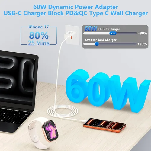 Vista 9 de Cargador para iPhone 17 de carga rápida, 60 W GaN USB-C y USB-A Bloque de cargador de pared con 2 cables USB C a USB C de 6 pies, compatible