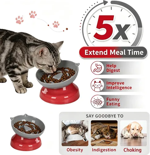 Vista 3 de Ceramic Slow Feeder Cat Bowl, 15-Degree Tilted Non-Slip Grey