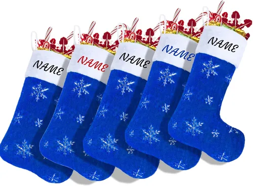 Vista 16 de Calcetines negros de piel sintética de Navidad, 1 paquete grande de 22 pulgadas, medias colgantes de felpa negra con nombre personalizado con copos
