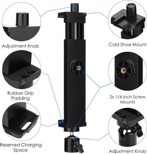 Vista 3 de Adaptador de montaje de trípode para iPad con cabeza esférica, soporte universal de abrazadera giratoria 360 con control remoto Bluetooth para iPad
