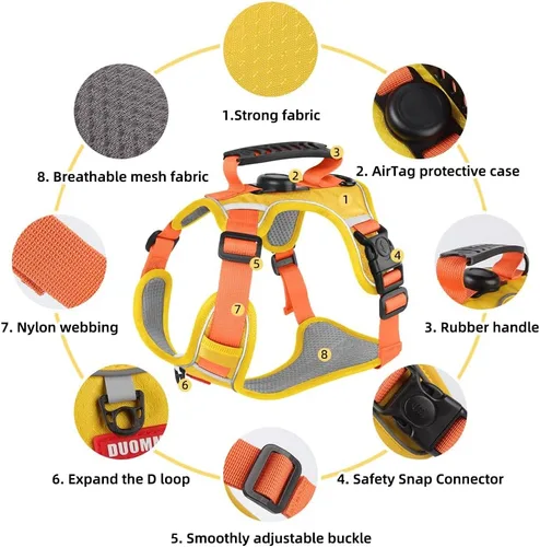 Vista 2 de Arnés para perro sin tirones con bolsillo para rastreador GPS, 2 clips ajustables para correa, acolchado suave transpirable, reflectante, sin