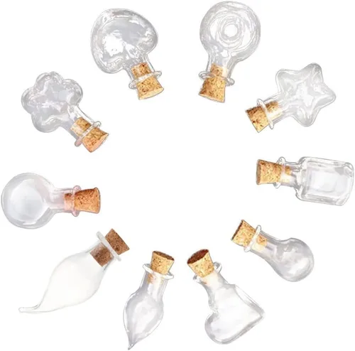 Vista 9 de 25 mini botellas de vidrio con tapas de corcho, 5 formas clásicas, pequeños frascos de vidrio, botellas de deseos, pequeños frascos decorativos