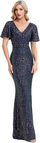 Vista 3 de Vestido de fiesta brillante con lentejuelas, corte sirena con mangas para mujer, para fiestas de graduación