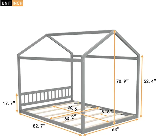 Vista 2 de Harper & Bright Designs Marco de cama de casa tamaño Queen, marco de cama Montessori de madera con cabecero, cama de piso para niños para niñas Gris