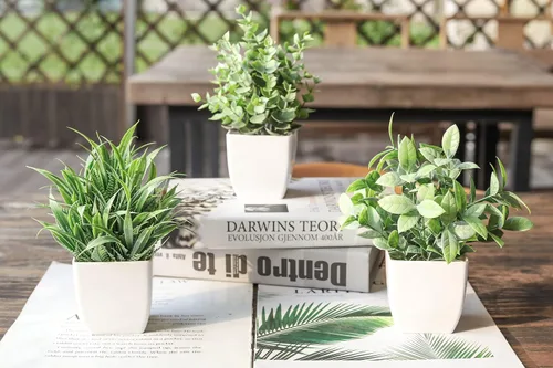 Vista 4 de Un paquete de 6 plantas falsas pequeñas y 2 paquetes de plantas falsas pequeñas, mini plantas artificiales en maceta para mesa, escritorio, hogar