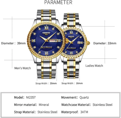 Vista 5 de NIBOSI Relojes para parejas diamantes de lujo para hombres y mujeres para él y para ella juego de relojes para marido esposa San Valentín reloj